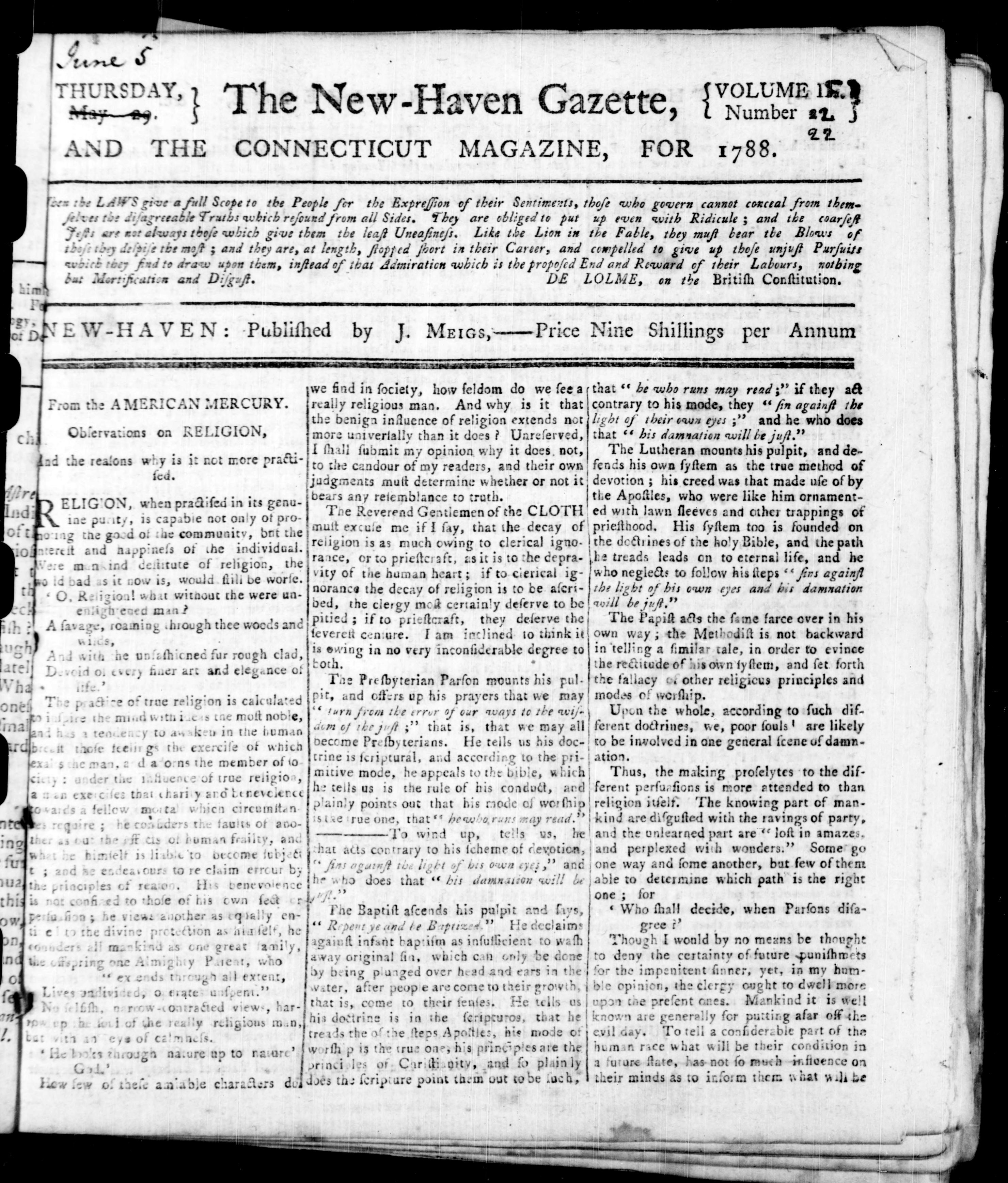 The New Haven Gazette and the Connecticut Magazine 1788-06-05: Vol 